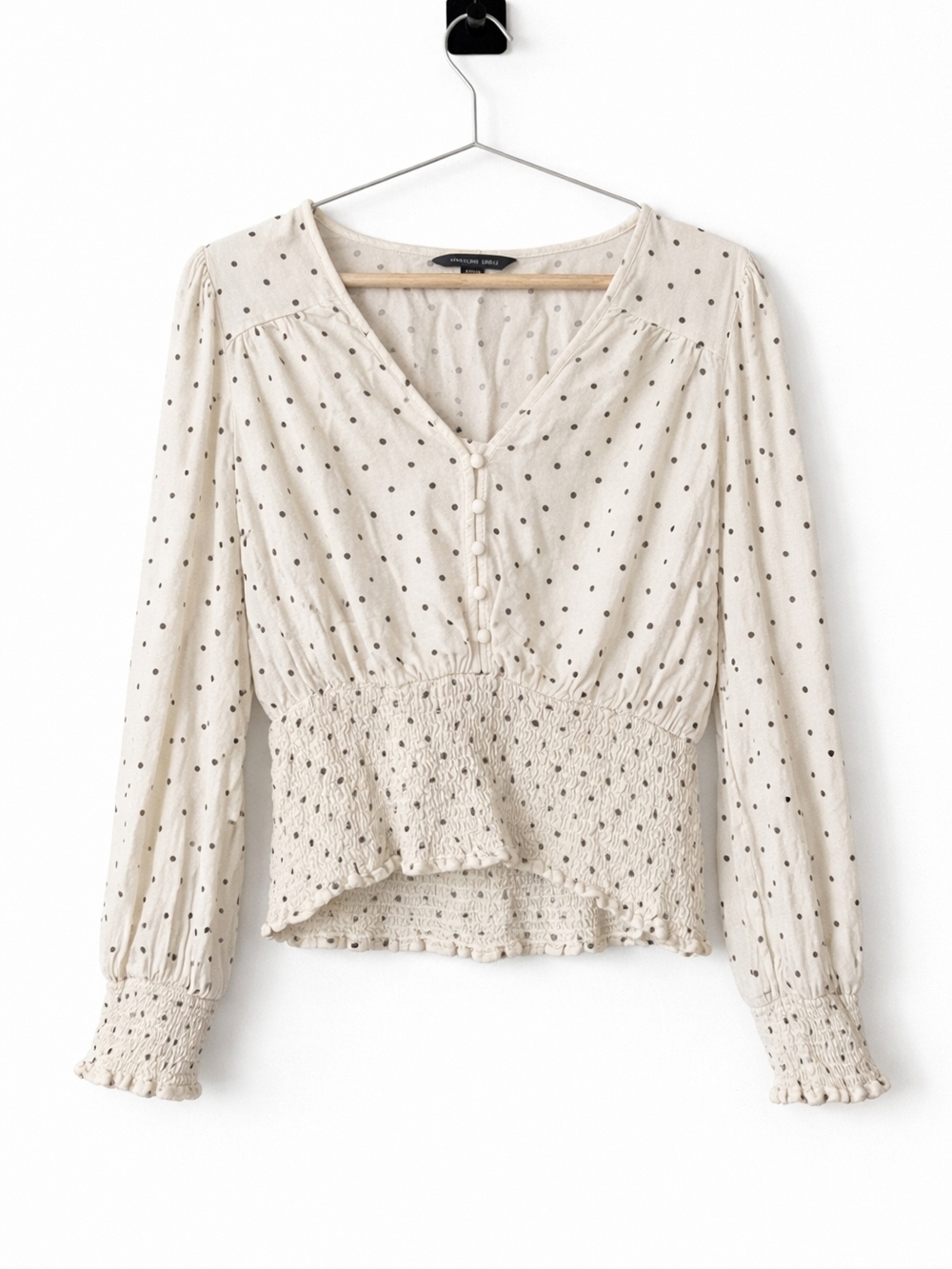 American Eagle Outfitters Cream Polka Dot Smocked Peplum Blouse